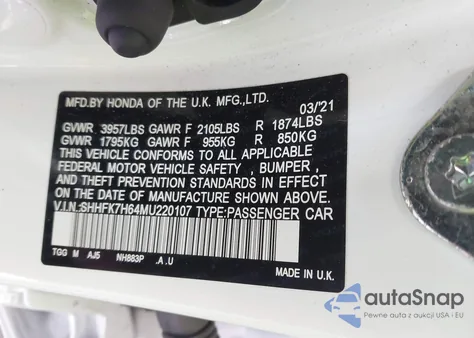 2021 Honda Civic Ex from USA, damaged, VIN SHHFK7H64MU220107